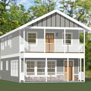May include: A two-story house with a gray exterior and white trim. The house has a porch on the second floor and a covered porch on the first floor. The house has a brown door and white windows.