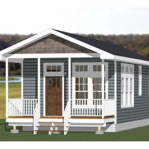 May include: A small grey house with a white roof and a porch. The house has a wooden door and windows. The porch has a white railing and steps.