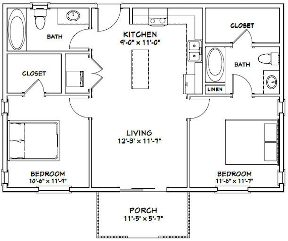 36x24 House 2 Bedroom 2 Bath 864 Sq Ft Pdf Floor Plan Instant Download Model 1c