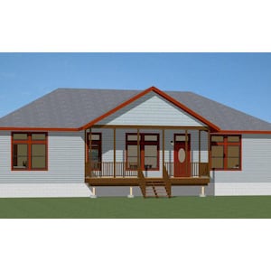 May include: A single-storey house with grey siding and a red roof. The house has a front porch with a wooden railing and a red door. There are windows on the front of the house.