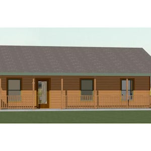 May include: A small, one-story house with a brown wooden exterior and a gray roof. The house has a front porch with a wooden railing and a glass door.