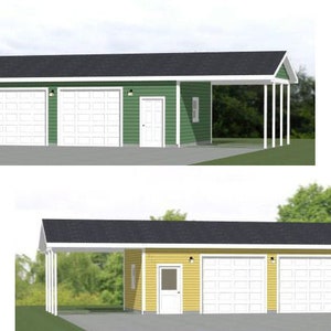 May include: Two different views of a three-car garage with a carport. The first view shows the garage in green with white garage doors. The second view shows the garage in yellow with white garage doors.