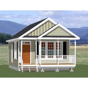 May include: A small, single-storey house with a light green exterior and a white roof. The house has a front porch with a white railing and a wooden floor. The house has a brown door and windows.