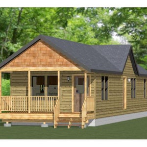 May include: A small, wooden cabin with a covered porch and a grey roof. The cabin has a light brown exterior with wood siding and a wooden railing on the porch.