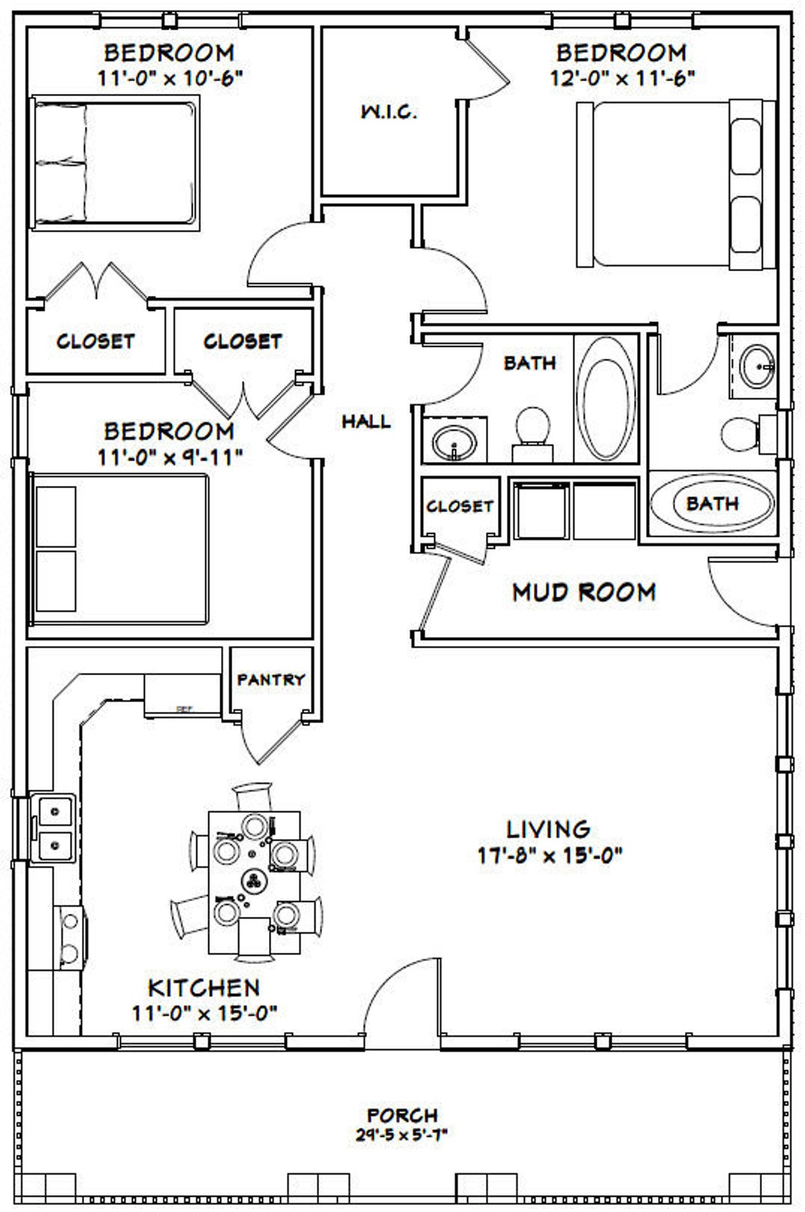 30x40 House -- 3-bedroom 2-bath -- 1,200 Sq Ft -- PDF Floor Plan ...