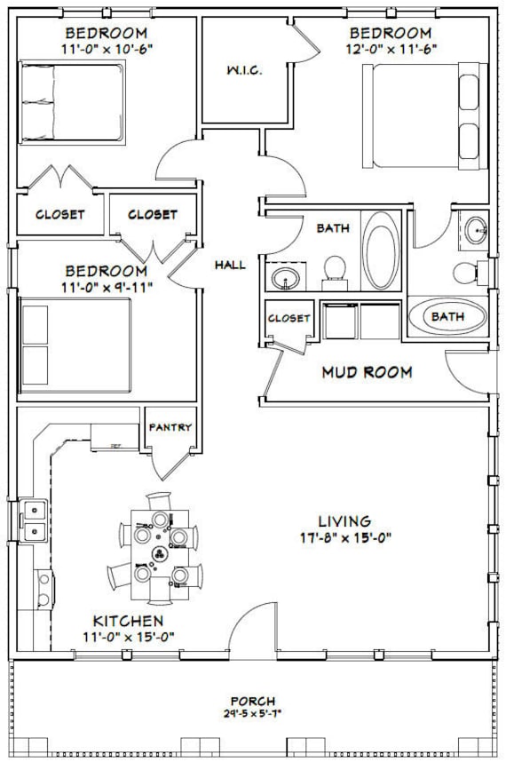 3 Bedroom 2 Bath 30x40 House 1,200 sq ft Model 3A PDF Floor Plan 3 Bedroom 2 Bath 30x40 House 1,200 sq ft Model 3A PDF Floor Plan
