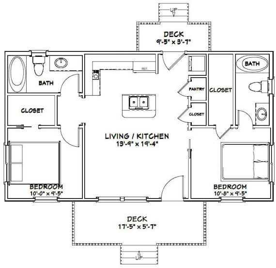 36x20 House 2 Bedroom 2 Bath 720 Sq Ft Pdf Floor Plan Instant Download Model 3a