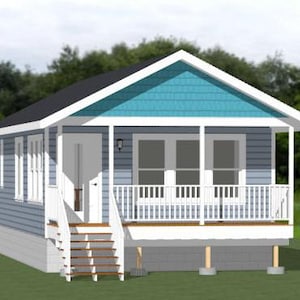 May include: A small, light blue and grey house with a white porch and wooden steps. The house has a gabled roof and two windows at the front.