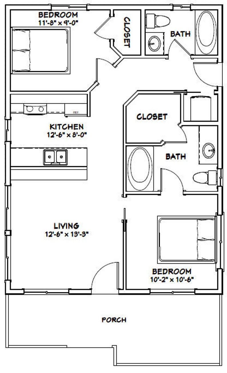 24x32 House 2Bedroom 1Bath 768 sq ft PDF Floor Plan Etsy