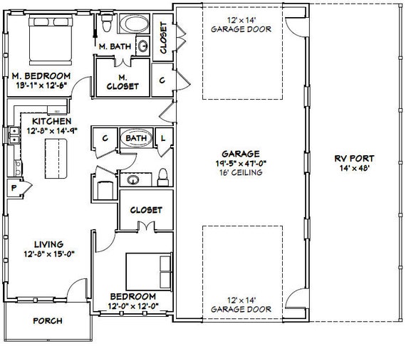 46x48 House 2 Bedroom 2 Bath 1 157 Sq Ft Pdf Floor Plan Instant Download Model 1c
