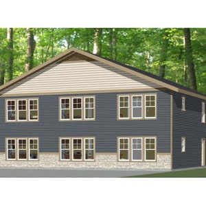 Peut inclure: Une maison à deux étages avec un toit brun clair et un bardage gris. La maison a plusieurs fenêtres et une fondation en pierre.