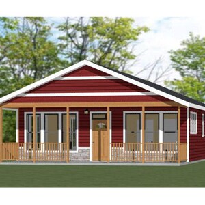 May include: A single-storey red house with a front porch and white trim. The house has a gabled roof and a wooden front door.