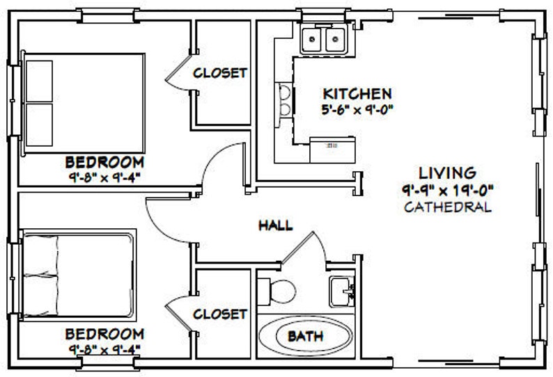 30x20 House 2Bedroom 1Bath 600 sq ft PDF Floor Plan Etsy