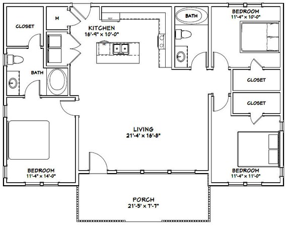 46x30 House 3 Bedroom 2 Bath 1 338 Sq Ft Pdf Floor Plan Instant Download Model 1