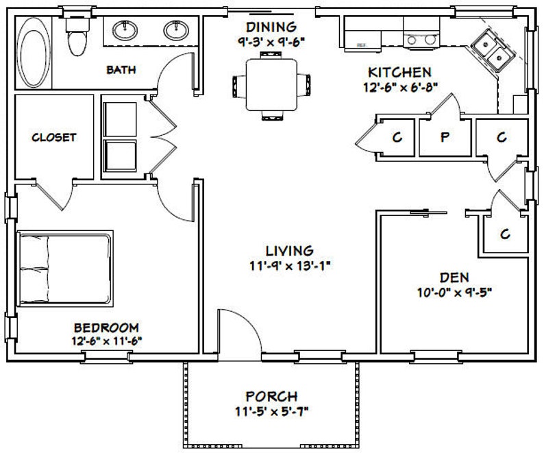 36x24 House 1Bedroom 1Bath 864 sq ft PDF Floor Plan Etsy