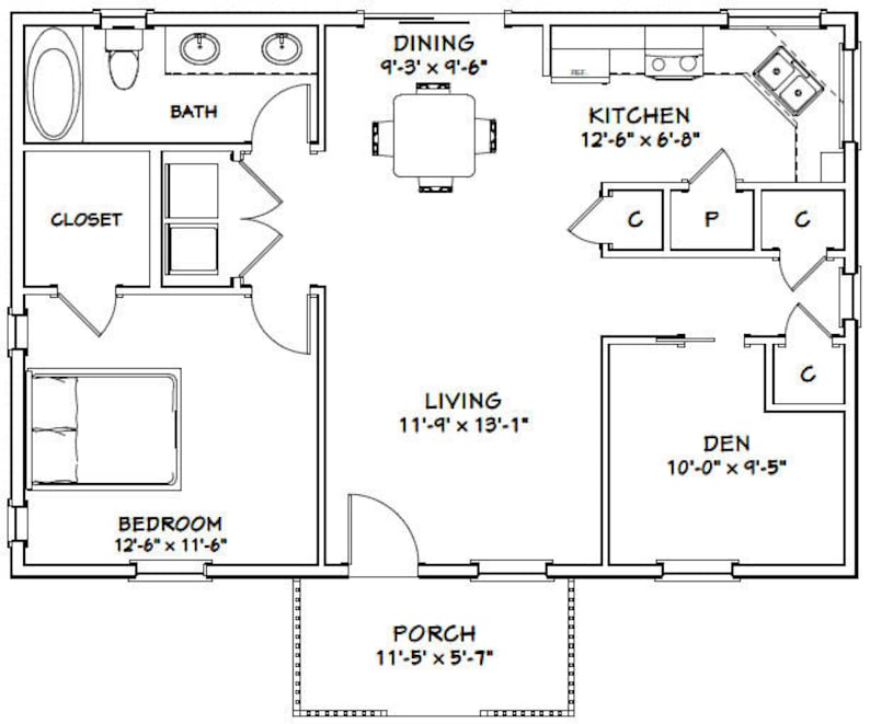 36x24 House 1Bedroom 1Bath 864 sq ft PDF Floor Plan Etsy