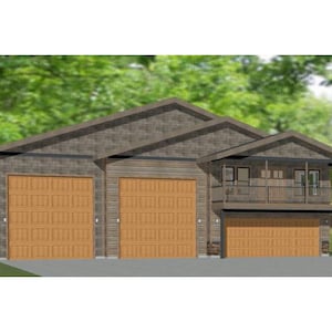 May include: A three-car garage with a wooden exterior and a second-story balcony. The garage doors are brown and the balcony has a black railing.