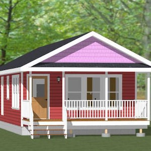 May include: A small, red, single-storey house with a white porch and a pink roof. The house has a front door and two windows on the front.