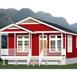 May include: A single-storey red house with white trim and a porch. The house has a white railing and a white door. The house is set against a backdrop of mountains.