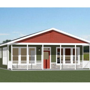 May include: A small, single-story house with a red roof and a green exterior. The house has a front porch with white railings and a white door.