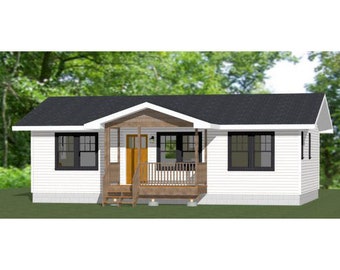 36x24 House -- 2-Bedroom 2-Bath -- 864 sq ft -- PDF Floor Plan -- Instant Download -- Model 1D