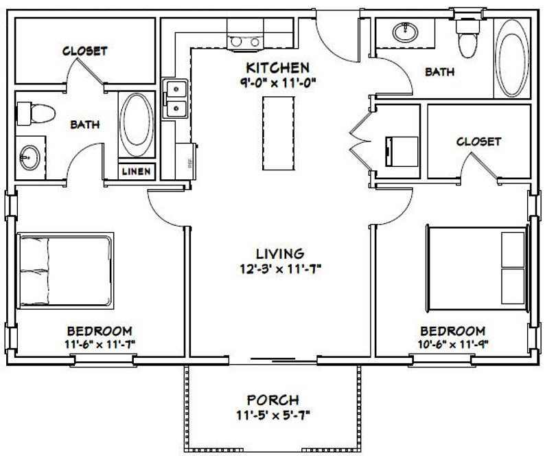 36x24 House 2Bedroom 2Bath 864 sq ft PDF Floor Plan Etsy