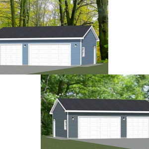 May include: Two different views of a three-car garage with a light blue exterior and black roof. The garage doors are white.