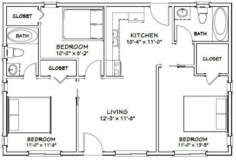 36x24 House 3Bedroom 2Bath 864 sq ft PDF Floor Plan Etsy