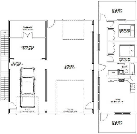 36x40 House 2 Bedroom 1 Bath 902 Sq Ft Pdf Floor Plan Instant Download Model 1