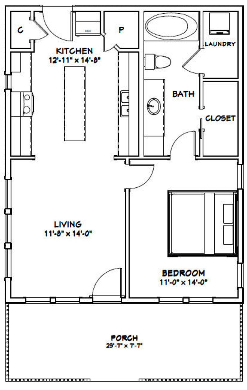 24x30 House 1-Bedroom 1-Bath 768 sq ft PDF Floor Plan | Etsy