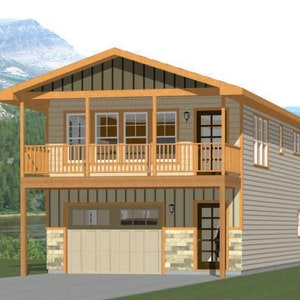 Op de afbeelding: Een huis met twee verdiepingen met een garagedeur op de begane grond en een balkon op de bovenverdieping. Het huis is geschilderd in een lichtbeige kleur met bruine afwerking. Het balkon heeft een houten balustrade en een houten vloer.