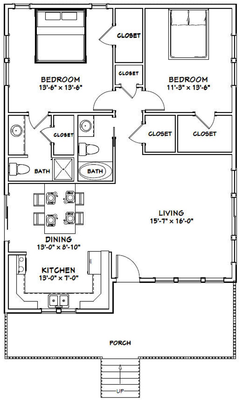 30x40 House 2-Bedroom 2-Bath 1136 sq ft PDF Floor | Etsy