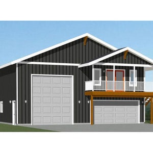 May include: Architectural rendering of a two-story building with a dark gray exterior and white trim. The building features two garage doors, a balcony, and a second-story living space with red doors. The roof is white, and the sky is blue.