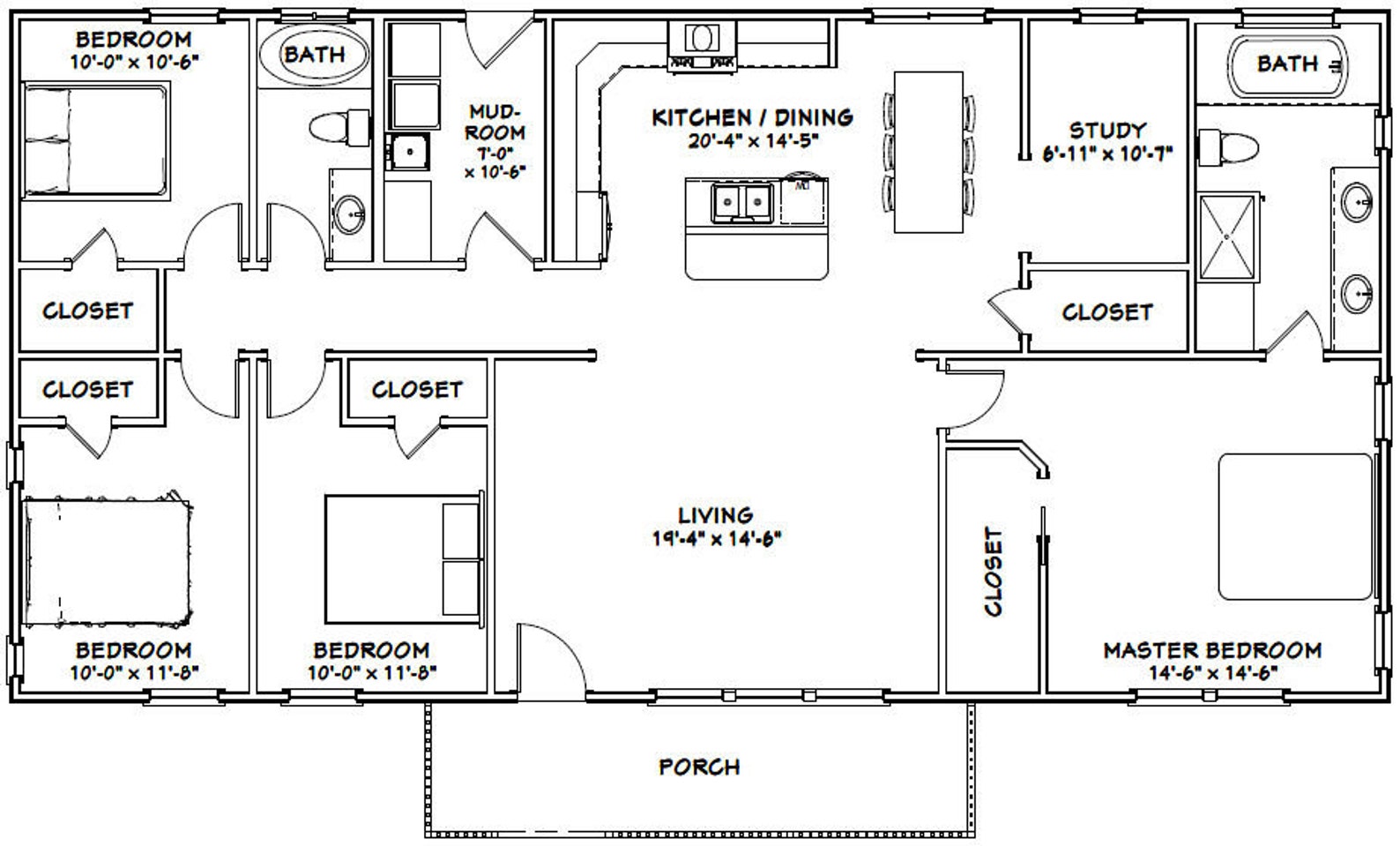60x30 House 4-Bedroom 2-Bath 1800 sq ft PDF Floor Etsy.