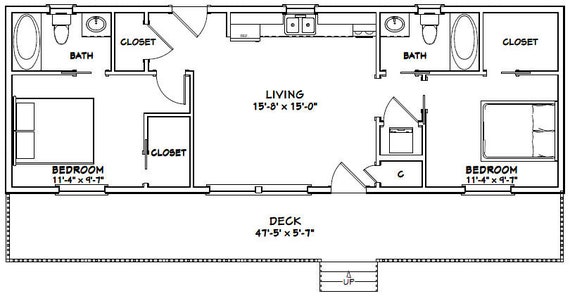 48x16 House 2 Bedroom 2 Bath 768 Sq Ft Pdf Floor Plan Instant Download Model 1e