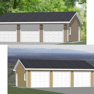 May include: A three-car garage with a brown exterior and white garage doors. The garage has a sloped roof and is surrounded by a green lawn.