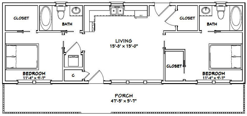 48x16 House 2Bedroom 2Bath 768 sq ft PDF Floor Plan Etsy