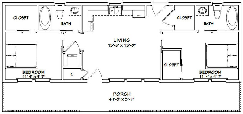 48x16 House 2Bedroom 2Bath 768 sq ft PDF Floor Plan Etsy