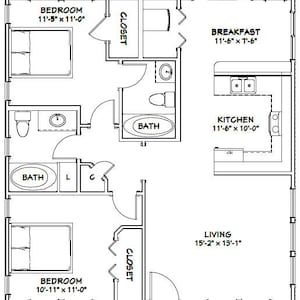 30x32 House 2-Bedroom 2-Bath 960 sq ft PDF Floor Plan Instant Download Model 4 image 2