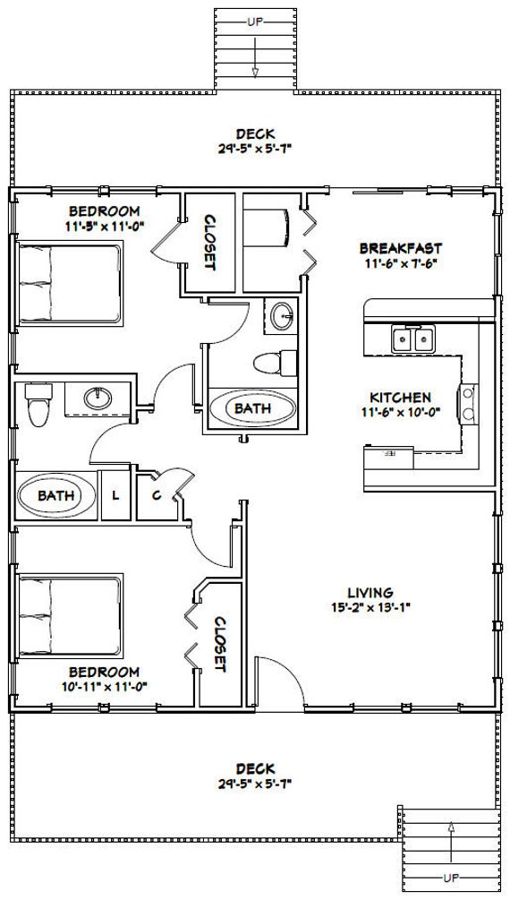 30x32 House 2 Bedroom 2 Bath 960 Sq Ft Pdf Floor Plan Etsy