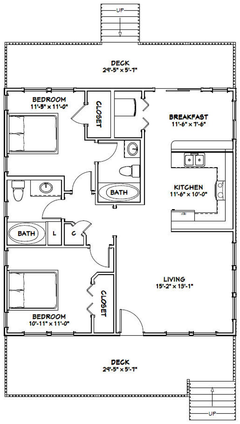 30x32 House 2-Bedroom 2-Bath 960 sq ft PDF Floor Plan Instant Download Model 4 image 2