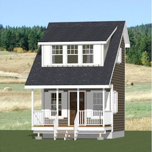 May include: A small, white and grey cottage with a black roof and a porch with white railings. The cottage has two windows on the top floor and a door and two windows on the bottom floor.