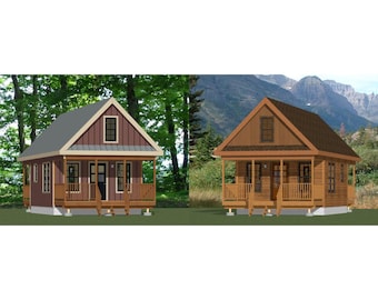 May include: Two small wooden houses with front porches and a gabled roof. The house on the left is painted a dark red color with a gray roof. The house on the right is a natural wood color with a brown roof.
