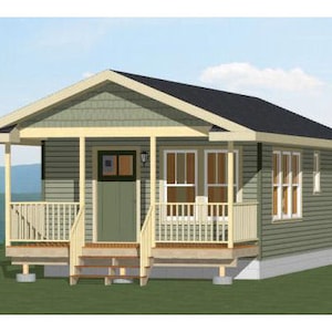 May include: A small, light green, single-storey house with a covered porch and a black roof. The house has a white foundation and a wooden railing around the porch. There are windows on the front and side of the house.