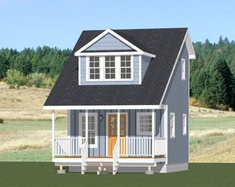 May include: A small, light blue, wooden house with a gray roof and white trim. The house has a front porch with a white railing and a wooden door with a glass window. There are windows on the front and side of the house.