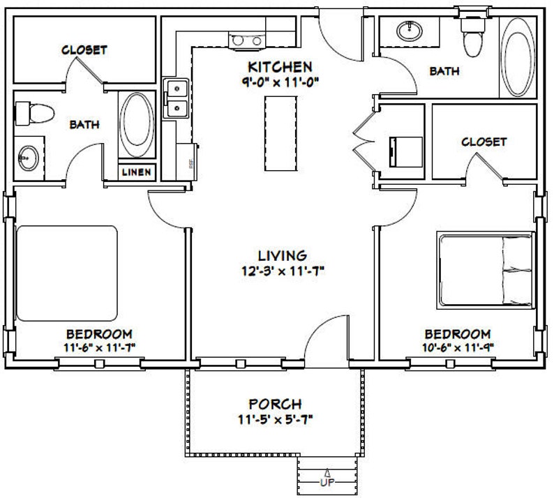 36x24 House 2Bedroom 2Bath 864 sq ft PDF Floor Plan Etsy