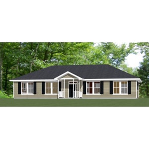 May include: A single-storey house with a beige exterior, white trim, and a black roof. The house has a front porch with white columns and a black door. There are windows with black shutters on the front of the house.