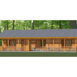 May include: A single-storey wooden house with a covered porch and a grey roof. The house has a rustic design with wooden cladding and a stone foundation.