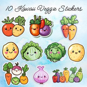 Pack d'autocollants numériques végétariens kawaii - 10 cliparts de légumes de dessin animé mignon pour agendas, scrapbooking et travaux manuels