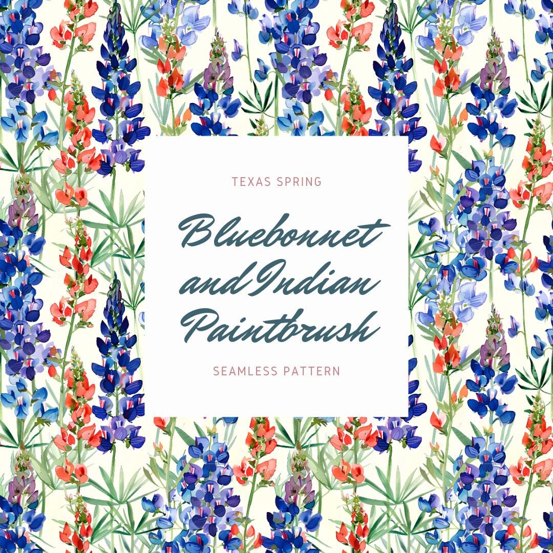 Bluebonnet & Indian Paintbrush Seamless Pattern Texas Watercolor Floral ...